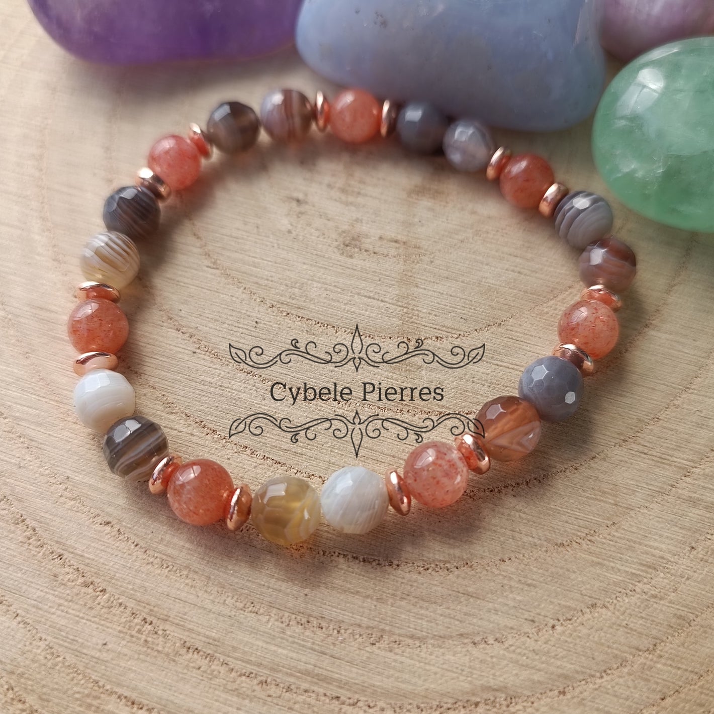 Bracelet "Révélation" :  Pierre de Soleil extra et Agate Rubanée (6mm) - 17cm