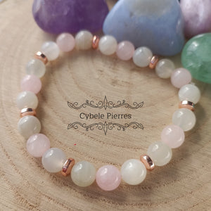 Bracelet Quartz rose & Pierre de lune blanche (8mm) - 19cm