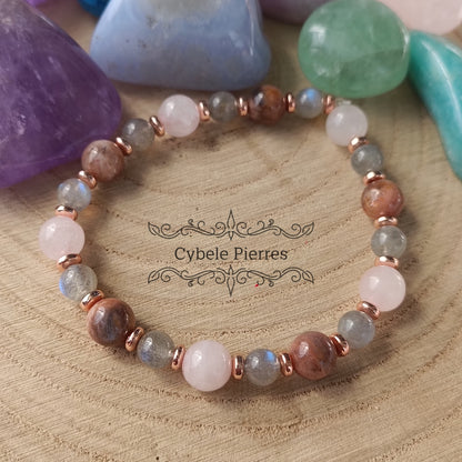 Bracelet Douceur et tendresse - Quartz rose, labradorite et Pierre de Lune (6 et 8mm) - 18cm