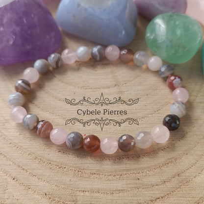 Bracelet Altruisme - Quartz rose et Agate rubanée (6mm) - 18cm