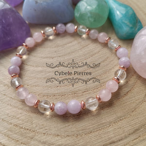 Bracelet Bonheur - Quartz Rose, Kunzite et Cristal de Roche (6mm) - 18cm