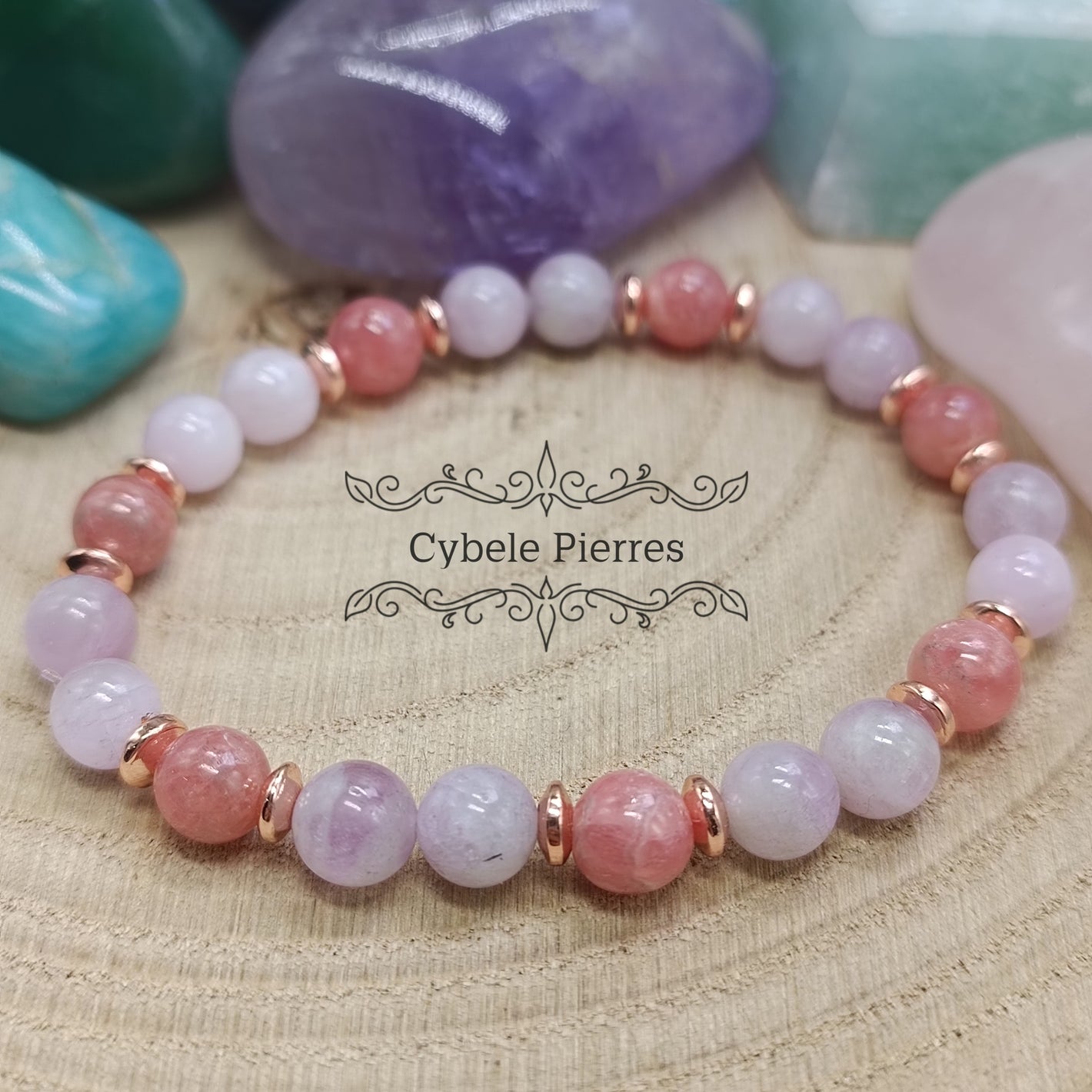 Bracelet Hathor - Kunzite extra et Rhodochrosite (4 et 6mm) - 17cm