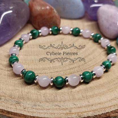 Bracelet Coeur Brillant - Malachite et kunzite (6mm) - 18cm