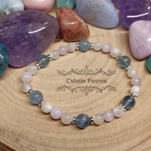 Bracelet Âme Radieuse - Fluorine bleue, Pierre de Lune Blanche et Kunzite (6 et 8mm) - 19cm