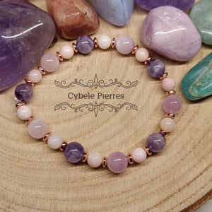 Bracelet Eveil Spirituel - Kunzite, Opale rose et Améthyste - 19cm