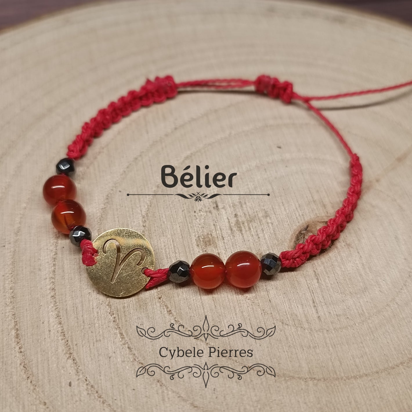 Bracelet Astrologie Bélier Cornaline – Réglable, Breloque dorée