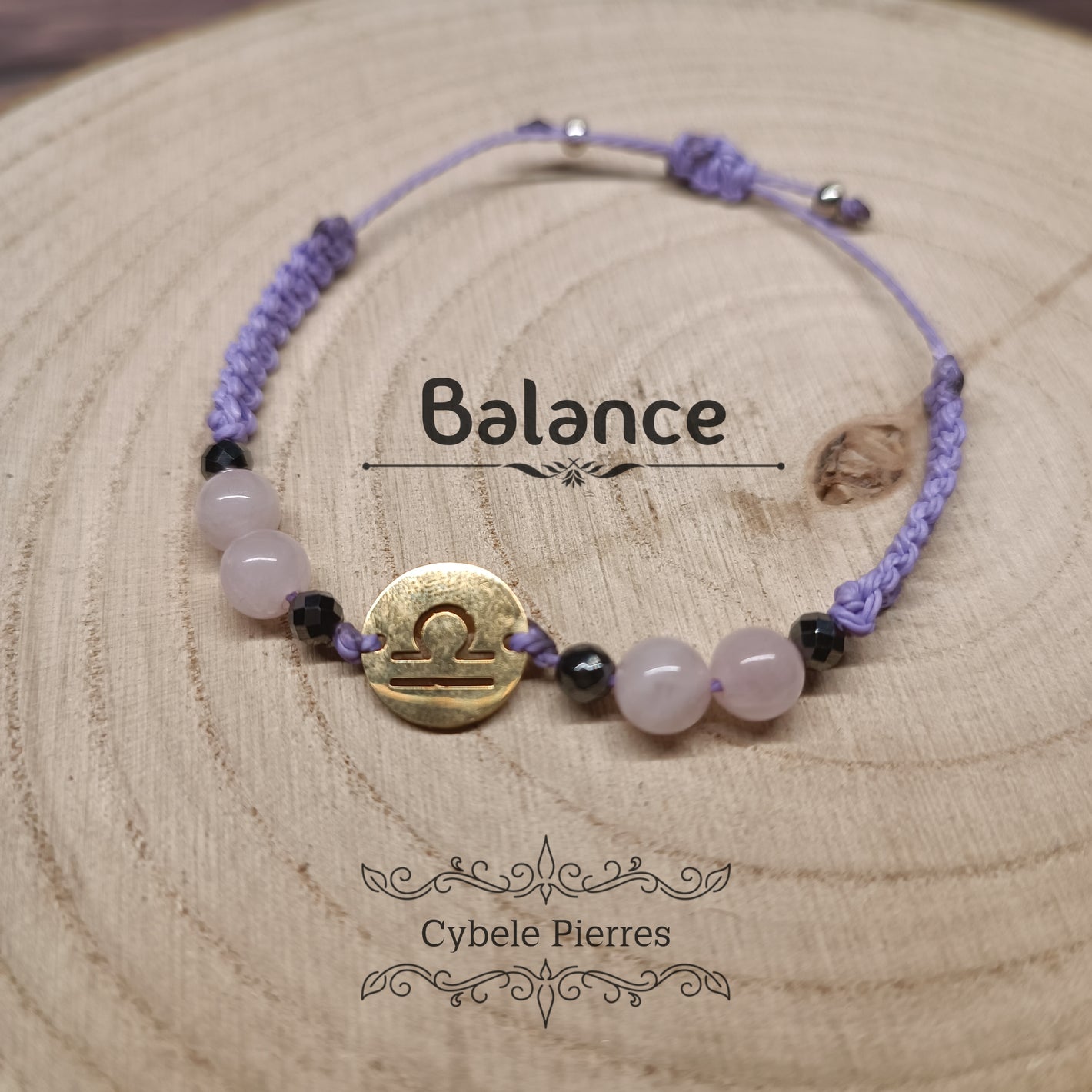 Bracelet Astrologie Balance Quartz Rose – Réglable, Breloque dorée