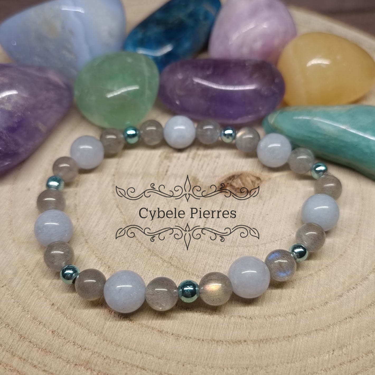 Bracelet Reflets d'hiver - Calcite bleu et Labradorite (6 et 8mm) - 18cm