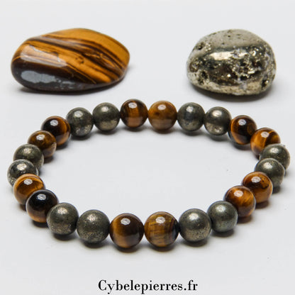 Bracelet Homme Arvernus – Pyrite et Œil de Tigre (8 mm) - 19cm | Force et Réussite