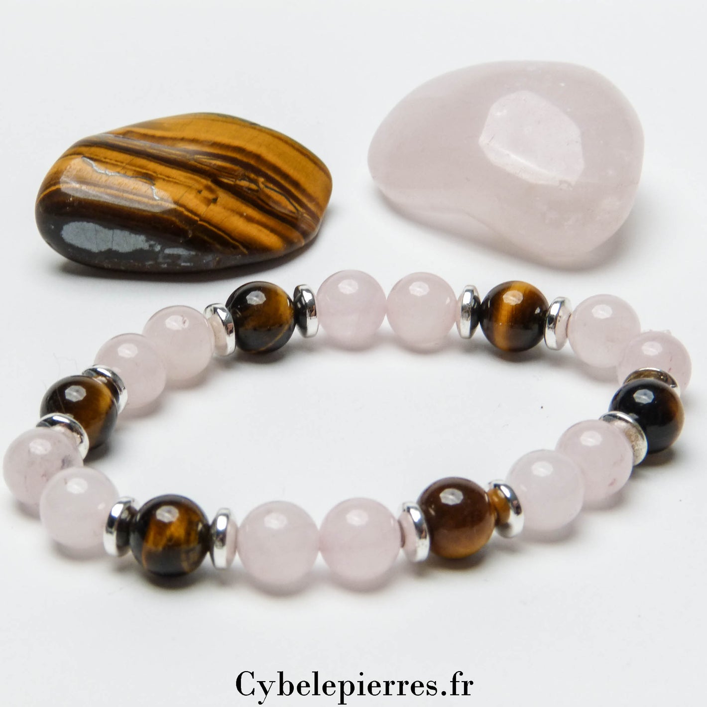 Bracelet Atlatonan – Œil de Tigre & Quartz Rose (8 mm) - 17 cm | Force et Douceur