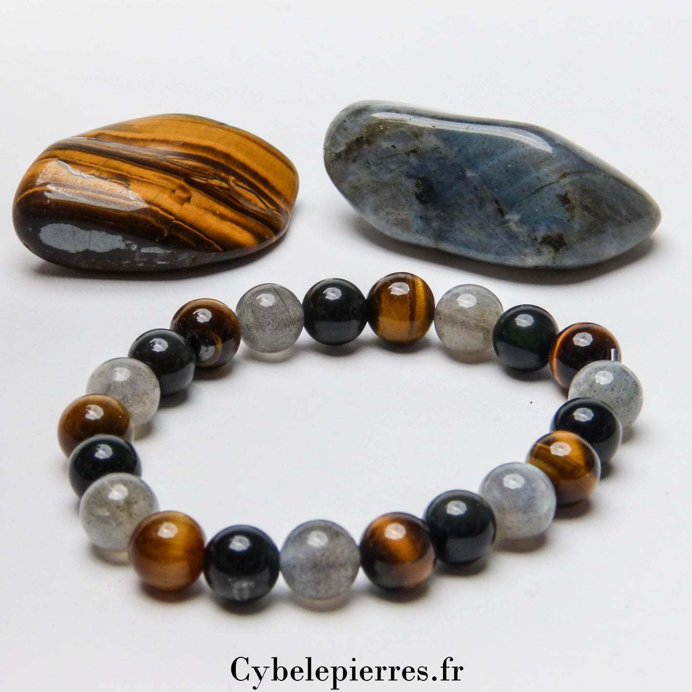 Bracelet Super Protection - Oeil de tigre, Obsidienne Œil céleste et Labradorite (8mm) - 17cm