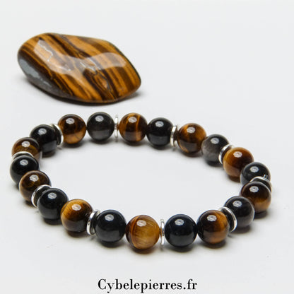 Bracelet Protection - Obsidienne Argentée & Œil de Tigre (8mm) – 18 cm | Force et Clarté Intérieure