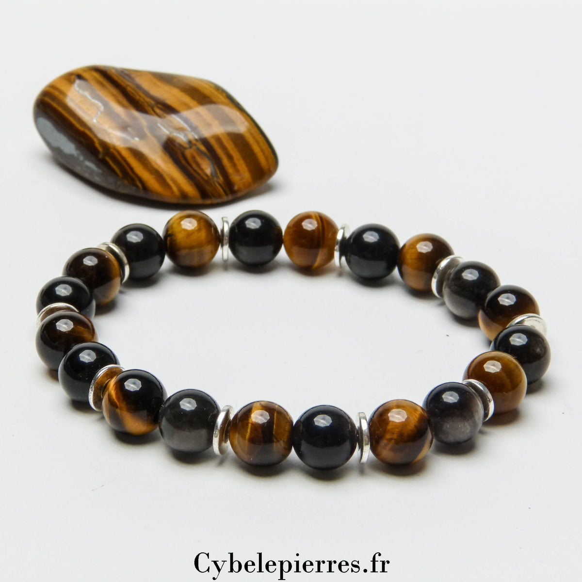 Bracelet Protection - Obsidienne Argentée et Œil de Tigre (8mm) – 18 cm | Force et Clarté Intérieure