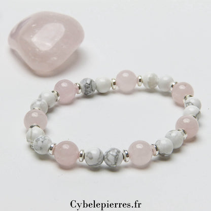 Bracelet Tendre Amour – Quartz Rose (8 mm) & Howlite (6 mm) - 18 cm | Apaisement et Expression