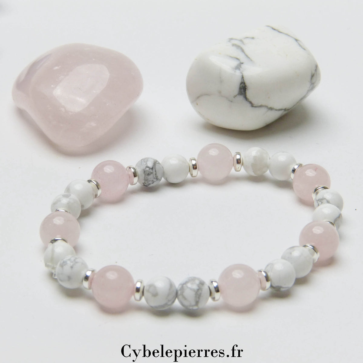 Bracelet Tendre Amour – Quartz Rose (8 mm) & Howlite (6 mm) - 17 cm | Apaisement et Expression