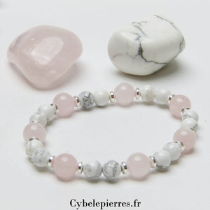 Bracelet Tendre Amour – Quartz Rose (8 mm) & Howlite (6 mm) - 18 cm | Apaisement et Expression