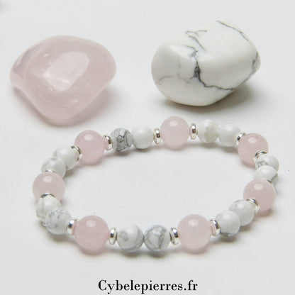 Bracelet Tendre Amour – Quartz Rose (8 mm) & Howlite (6 mm) - 17 cm | Apaisement et Expression
