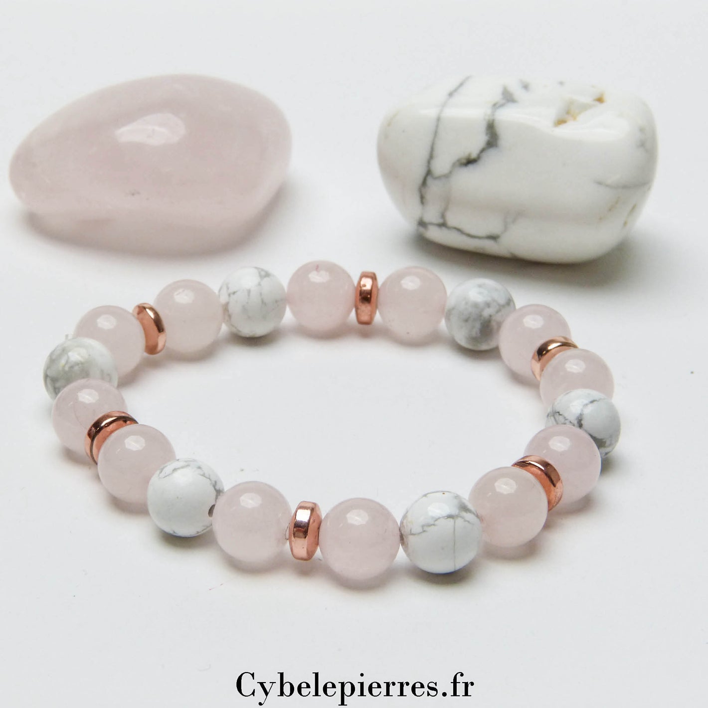 Bracelet Quartz rose et Howlite (8mm) - 17cm