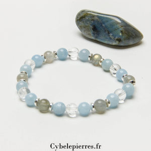 Bracelet Atja- Cristal de Roche, Aigue-marine & Labradorite (6mm) - 18cm