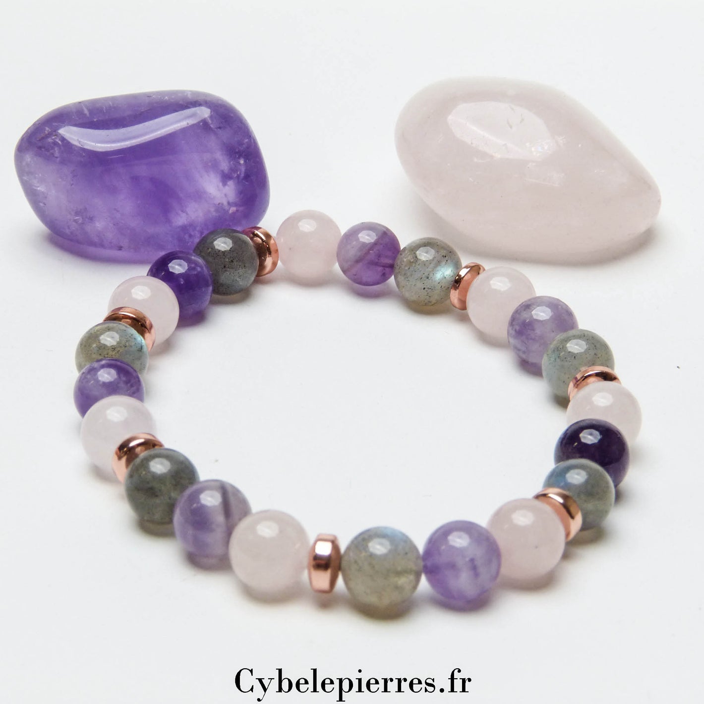 Bracelet Estime - Labradorite, Quartz rose et Améthyste (8mm) - 19cm