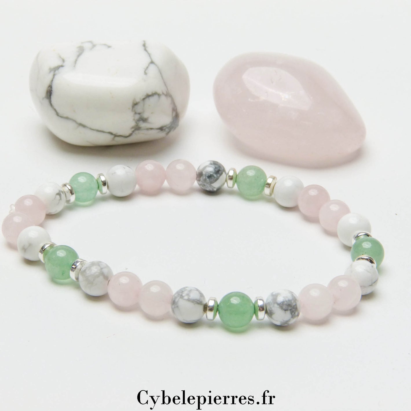 Bracelet Sincérité - Aventurine, quartz rose et Howlite (6mm) - 18cm