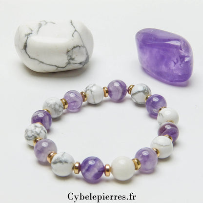 Bracelet Améthyste et Howlite (8mm) – 17 cm | Sérénité et Maîtrise de Soi