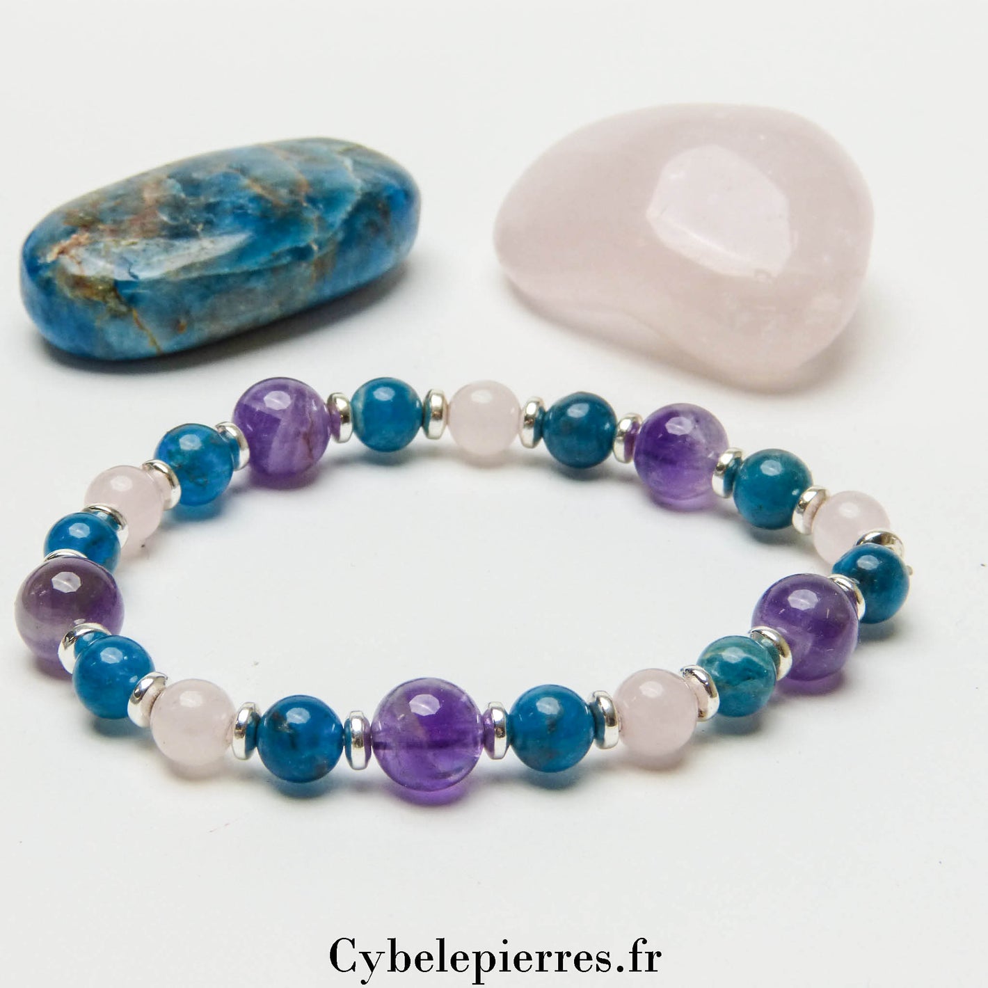 Bracelet Zen – Apatite Bleue, Quartz Rose & Améthyste (6mm et 8mm) – 17cm | Équilibre et Harmonie