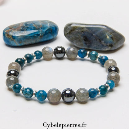 Bracelet Communication et Volonté - Apatite bleue, Hématite et Labradorite (6 et 8mm) - 18cm