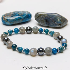 Bracelet Communication et Volonté - Apatite bleue, Hématite et Labradorite (6 et 8mm) - 18cm