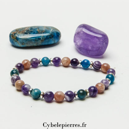 Bracelet Lueur d'été – Améthyste, Apatite bleue et Pierre de Soleil (6mm) – 18cm | Vitalité et Équilibre