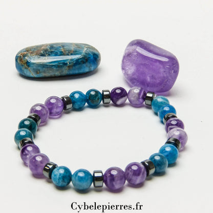 Bracelet Zen – Apatite Bleue & Améthyste (8 mm) - 19 cm | Sérénité et Clarté Mentale