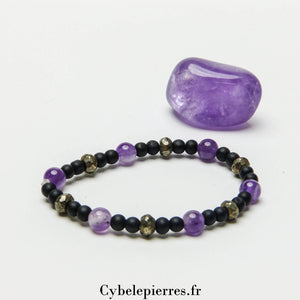 Bracelet Symbiose Émotionnelle:  Améthyste, Pyrite et Onyx  (4 et 6mm) - 17cm