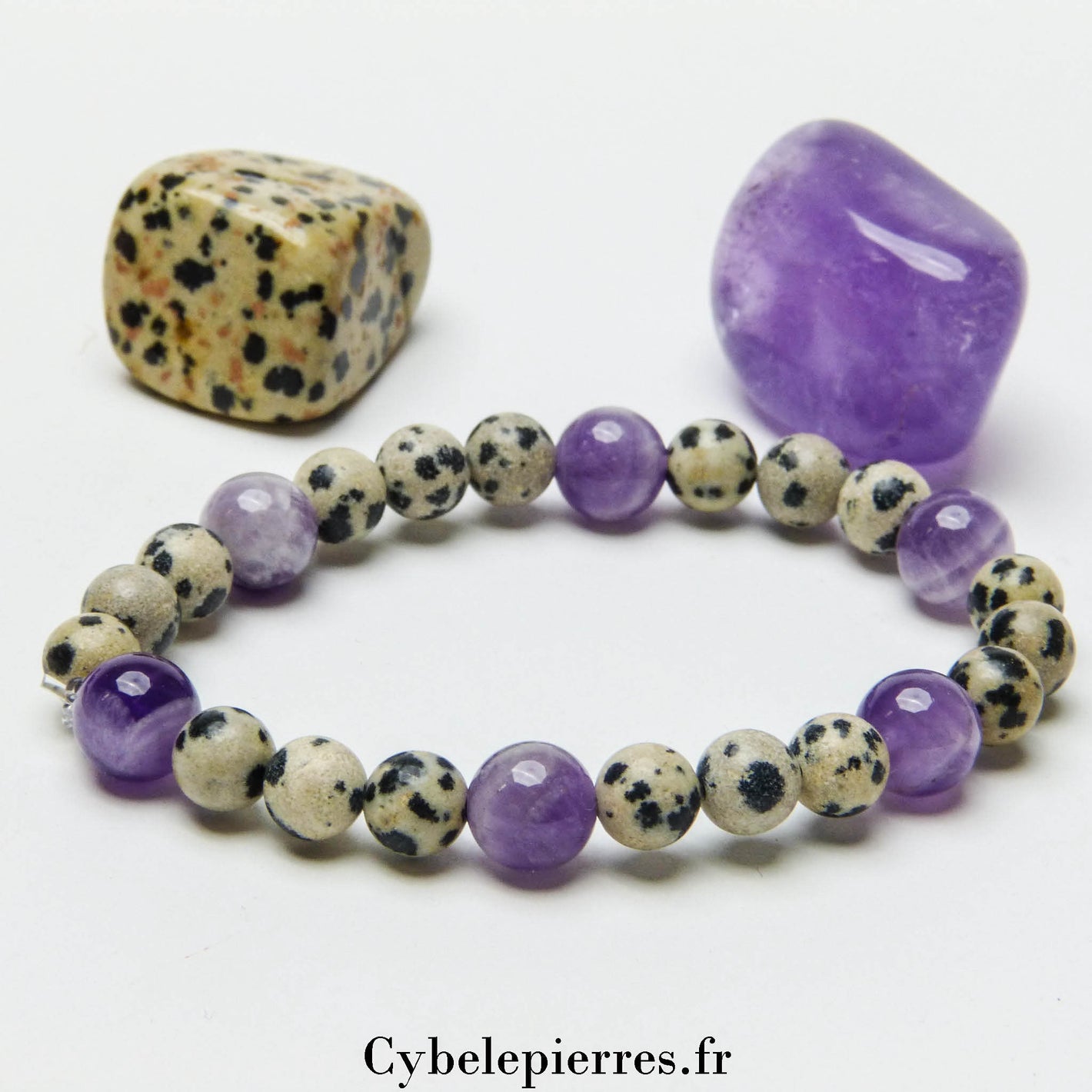 Bracelet Bachué – Jaspe Dalmatien & Améthyste (8mm et 6mm) – 17 cm | Protection et Équilibre