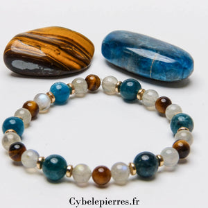 Bracelet Précieux – Apatite Bleue (8 mm), Labradorite & Œil de Tigre (6 mm) - 18 cm | Clarté et Protection