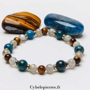 Bracelet Précieux – Apatite Bleue (8 mm), Labradorite & Œil de Tigre (6 mm) - 18 cm | Clarté et Protection