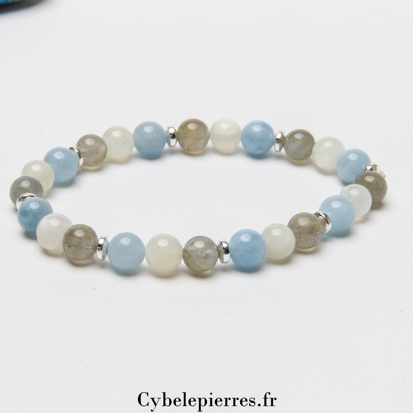 Bracelet Arctique - Labradorite, Pierre de lune blanche et Aigue-marine (6mm) - 18cm