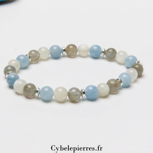 Bracelet Arctique - Labradorite, Pierre de lune blanche et Aigue-marine (6mm) - 18cm