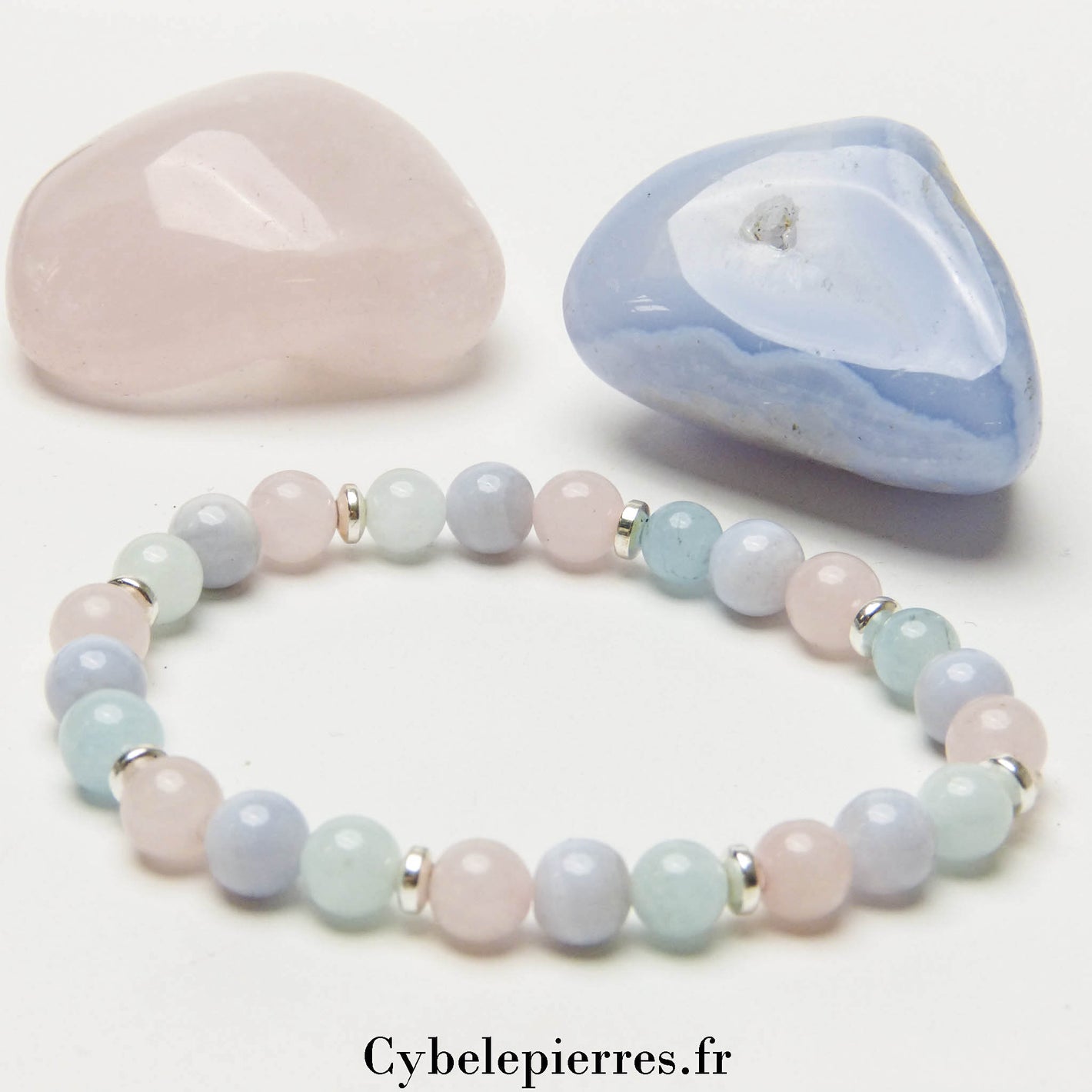 Bracelet Destin- Quartz rose, Aigue-marine et Calcédoine bleue (6mm) -17cm