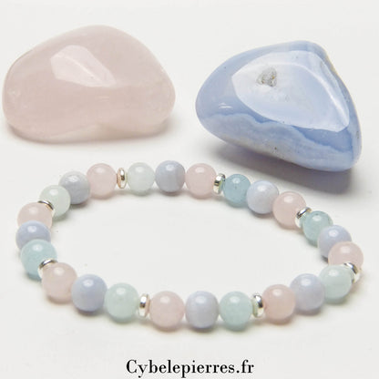 Bracelet Destin - Quartz Rose, Aigue-Marine et Calcédoine Bleue (6mm) - 17 cm | Harmonie et Expression