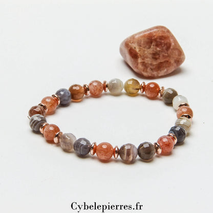 Bracelet "Révélation" :  Pierre de Soleil extra et Agate Rubanée (6mm) - 17cm