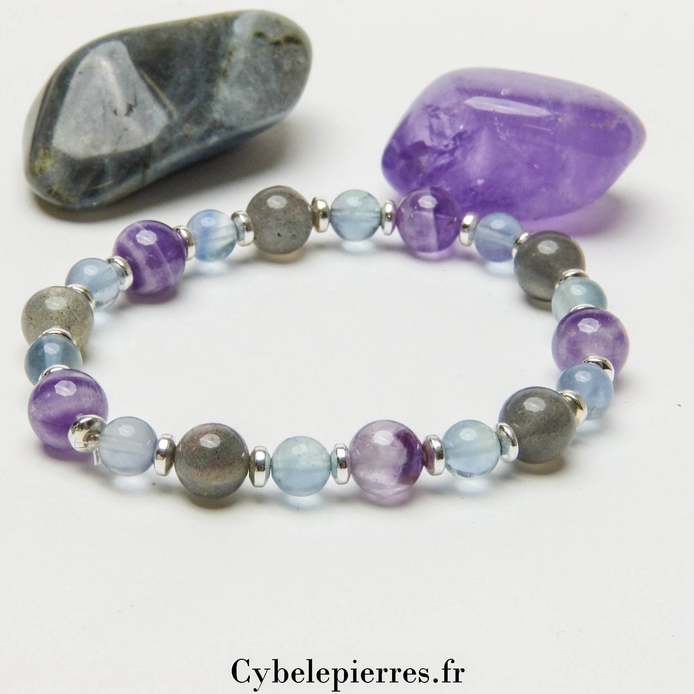 Bracelet Avenir Souriant - Améthyste, Fluorine Bleue et Labradorite (8mm et 6mm) - 18 cm | Intuition et Clarté