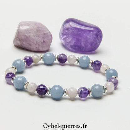 Bracelet Heureux : Angélite, Kunzite et Améthyste (6 et 8mm) - 17cm