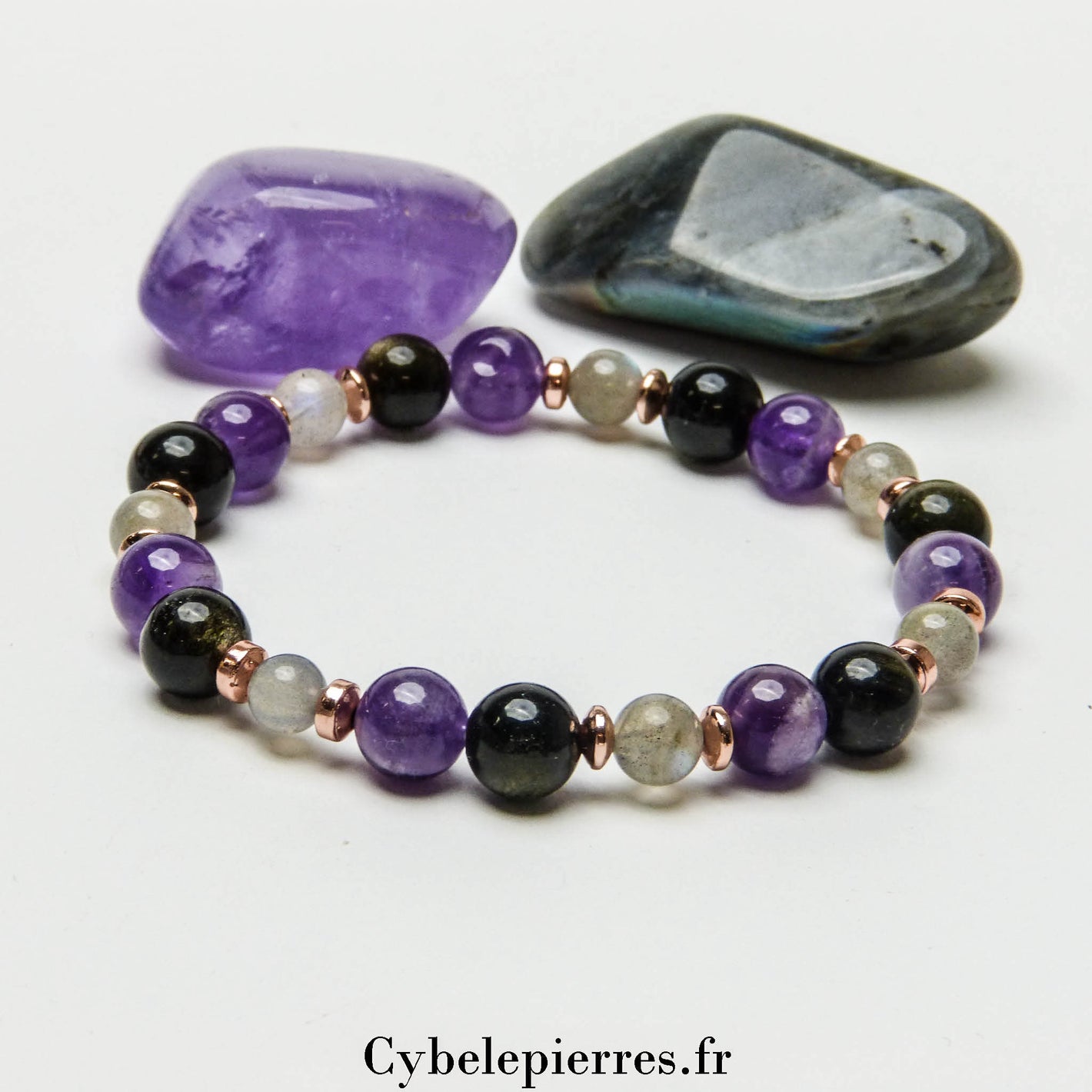 Bracelet Spiritualité - Obsidienne dorée, Améthyste et Labradorite (8mm et 6mm) - 18cm