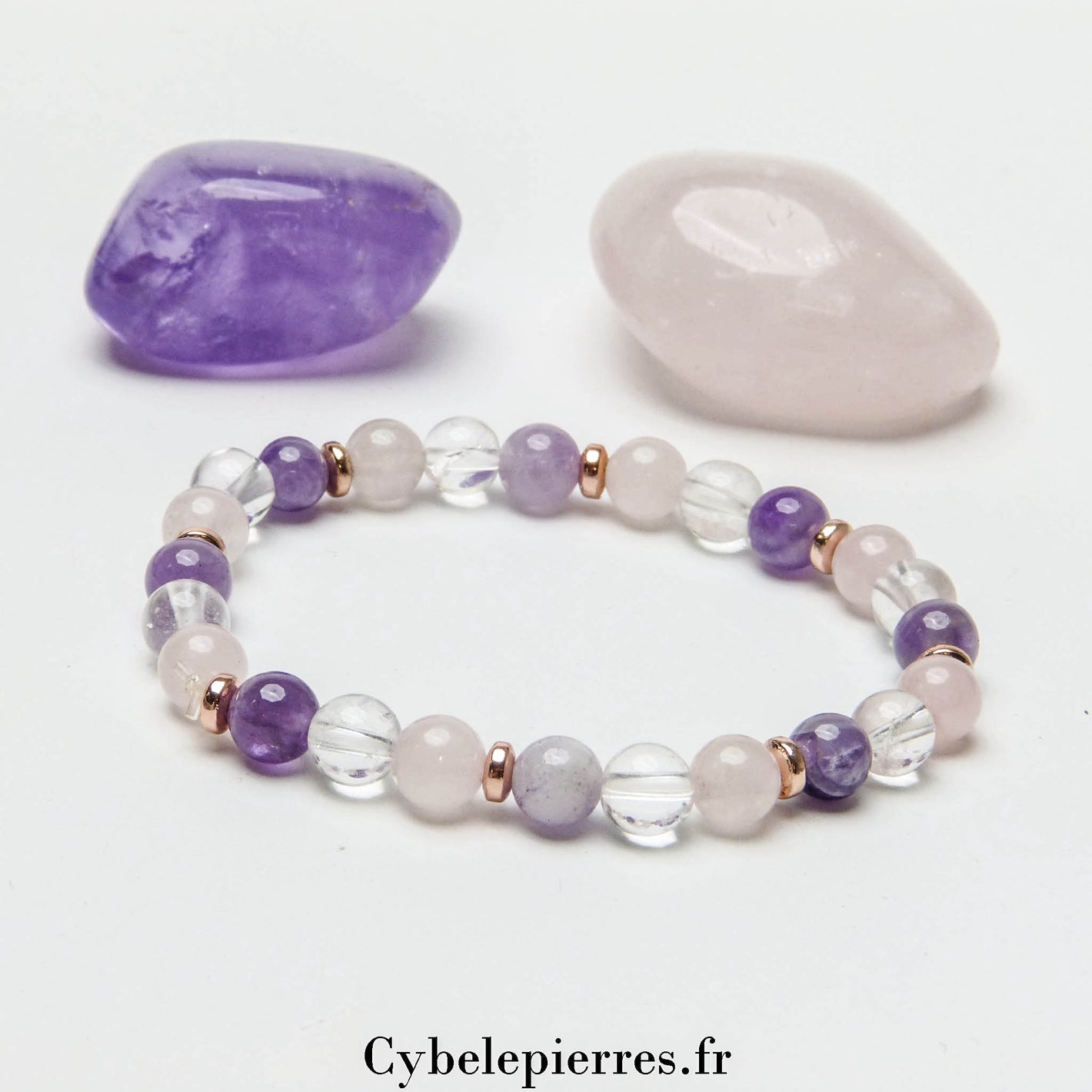 Bracelet Imagination -Quartz rose, Cristal de roche et Améthyste (6mm) -17cm