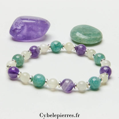 Bracelet Affection - Amazonite, Améthyste et Pierre de Lune (6 et 8mm) - 18cm | Apaisement et Harmonie