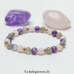 Bracelet Espoir - Labradorite, Quartz rose et Améthyste (6mm) -17cm