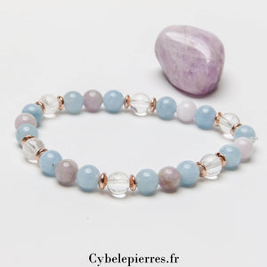 Bracelet Rosée du Matin - Cristal de Roche, Aigue-marine &amp; Kunzite (6mm) - 18cm | Sérénité et Clarté