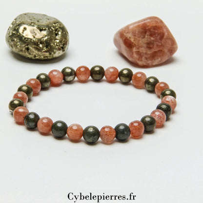 Bracelet Insouciance – Pyrite et Pierre de Soleil (6mm) - 18cm | Vitalité, Abondance et Joie