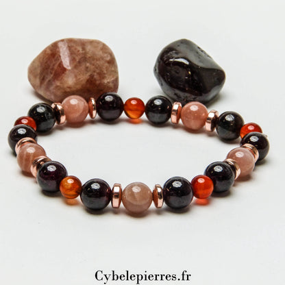 Bracelet Aventure - Grenat, Pierre de Soleil et Cornaline (6 et 8mm)- 18cm