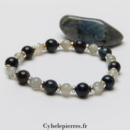 Bracelet Labradorite, oeil de faucon et Obsidienne argentée (6mm et 8mm) - 18cm